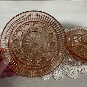 Vintage Pink Depression Glass Daisy and Diamond Bread & Butter plate and bowl